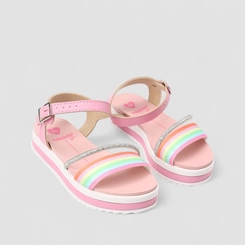 Sandália Infantil Molekinha Flatform Tira Strass & Arco-Íris Rosa