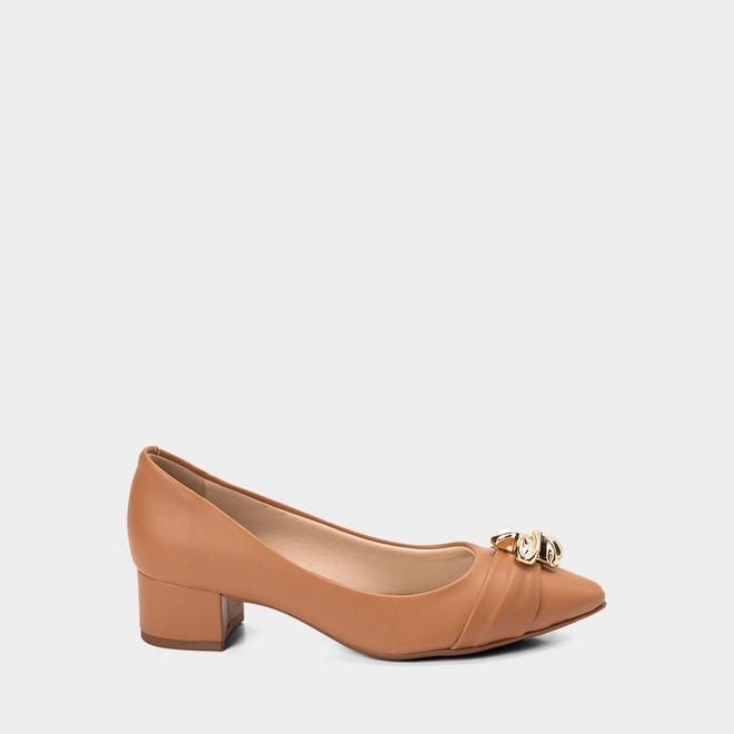 Scarpin Beira Rio Salto Bloco Bico Fino Bold Caramelo