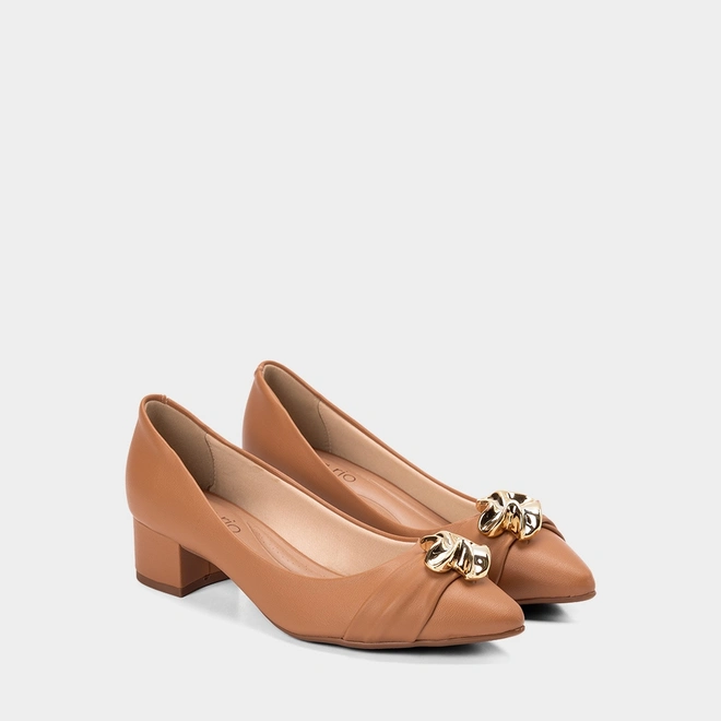 Scarpin Beira Rio Salto Bloco Bico Fino Bold Caramelo