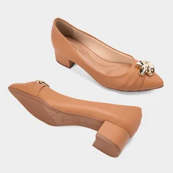 Scarpin Beira Rio Salto Bloco Bico Fino Bold Caramelo