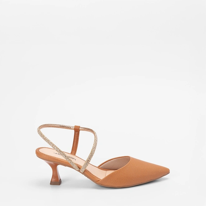 Scarpin Slingback Salto Flare Médio Feminino MIssissipi Tira Stras Caramelo