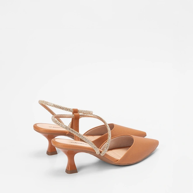 Scarpin Slingback Salto Flare Médio Feminino MIssissipi Tira Stras Caramelo