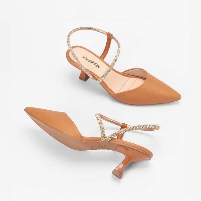 Scarpin Slingback Salto Flare Médio Feminino MIssissipi Tira Stras Caramelo