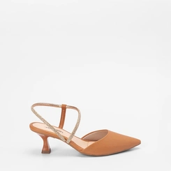 Scarpin Slingback Salto Flare Médio Feminino MIssissipi Tira Stras Caramelo