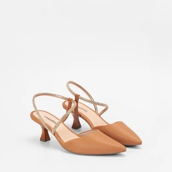 Scarpin Slingback Salto Flare Médio Feminino MIssissipi Tira Stras Caramelo