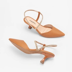 Scarpin Slingback Salto Flare Médio Feminino MIssissipi Tira Stras Caramelo