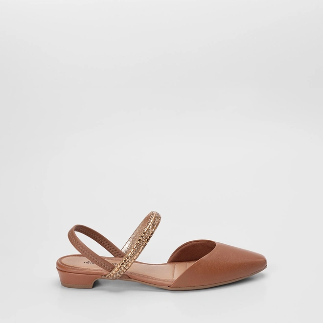 Sapatilha Slingback Feminina Salto Flat Baixo Mississipi Tira Em Strass Caramelo