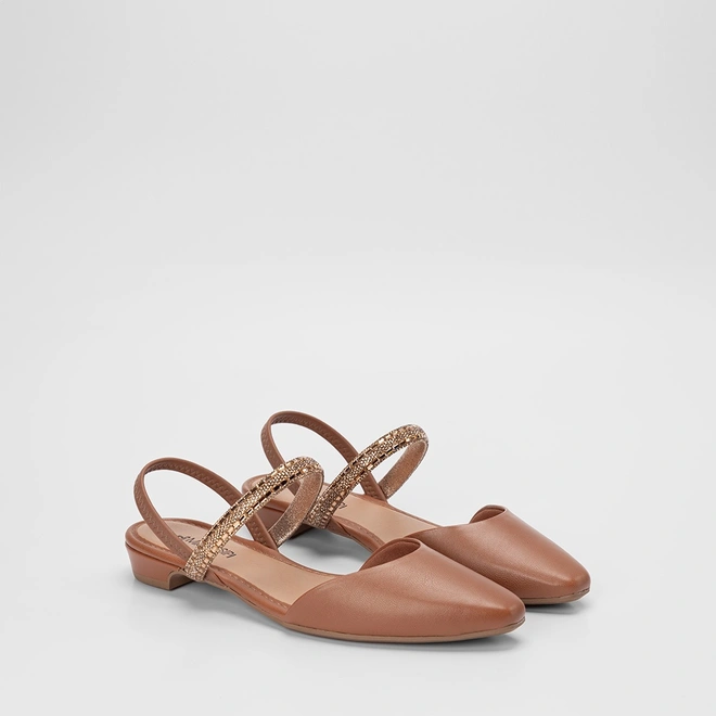 Sapatilha Slingback Feminina Salto Flat Baixo Mississipi Tira Em Strass Caramelo