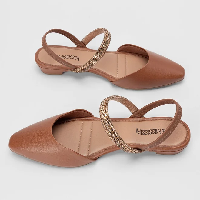 Sapatilha Slingback Feminina Salto Flat Baixo Mississipi Tira Em Strass Caramelo