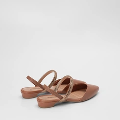 Sapatilha Slingback Feminina Salto Flat Baixo Mississipi Tira Em Strass Caramelo