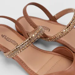 Sapatilha Slingback Feminina Salto Flat Baixo Mississipi Tira Em Strass Caramelo