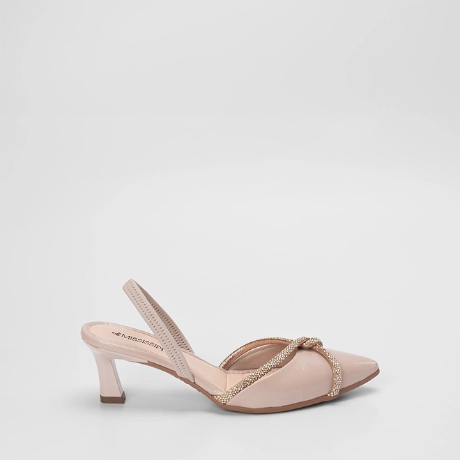 Scarpin Slingback Feminino Mississipi Salto Flare Médio Tiras Strass Bege