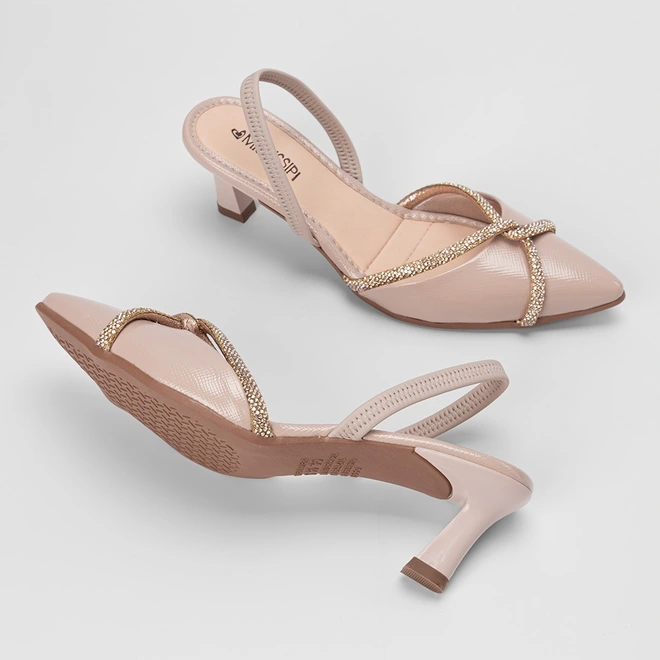 Scarpin Slingback Feminino Mississipi Salto Flare Médio Tiras Strass Bege