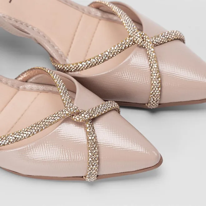 Scarpin Slingback Feminino Mississipi Salto Flare Médio Tiras Strass Bege