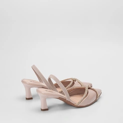 Scarpin Slingback Feminino Mississipi Salto Flare Médio Tiras Strass Bege