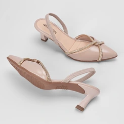 Scarpin Slingback Feminino Mississipi Salto Flare Médio Tiras Strass Bege