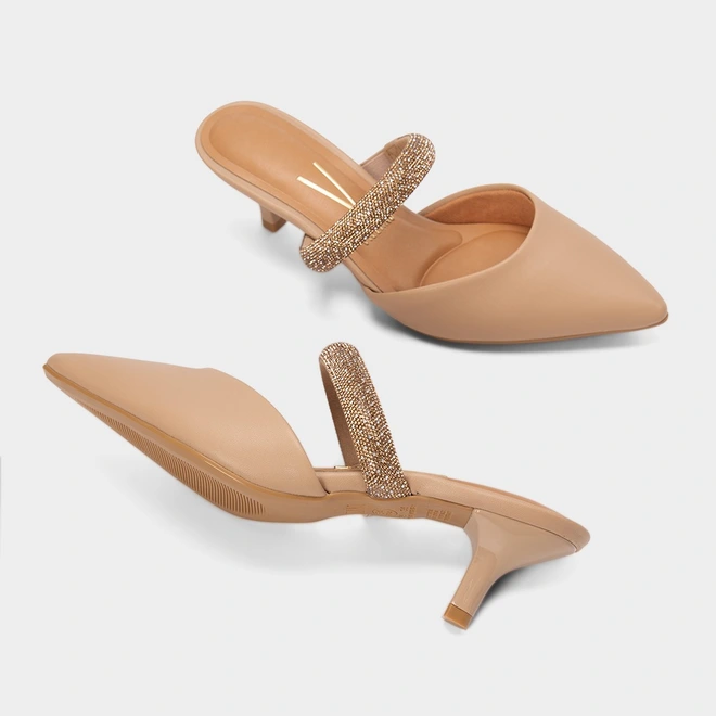 Mule Feminino Vizzano Salto Fino Médio Tiras Em Strass Bege
