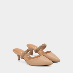 Mule Feminino Vizzano Salto Fino Médio Tiras Em Strass Bege