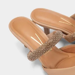 Mule Feminino Vizzano Salto Fino Médio Tiras Em Strass Bege