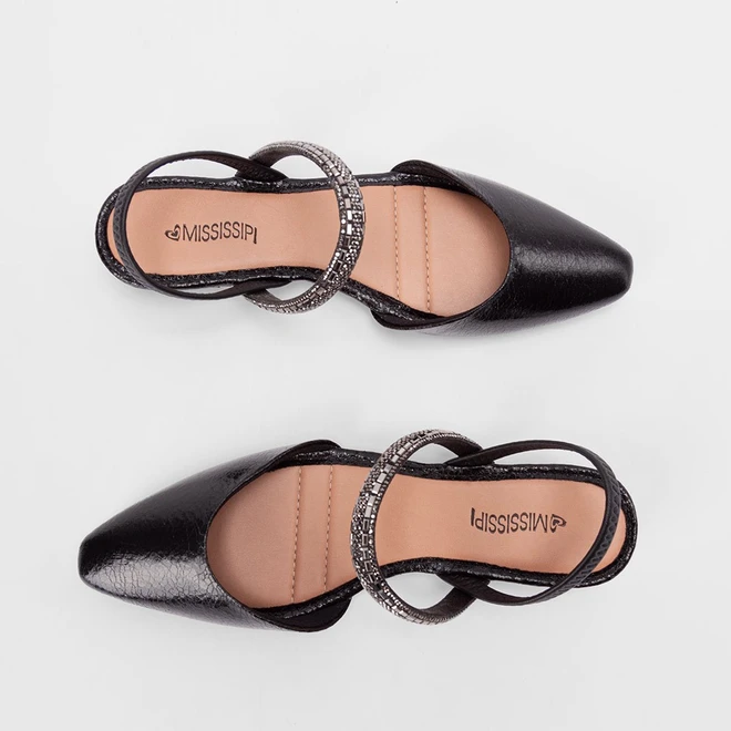 Sapatilha Slingback Salto Flat Baixo Mississipi Tira Em Strass Preto