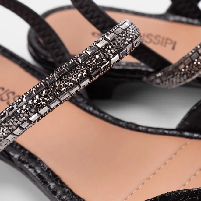 Sapatilha Slingback Salto Flat Baixo Mississipi Tira Em Strass Preto