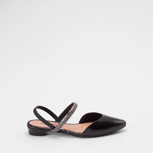 Sapatilha Slingback Salto Flat Baixo Mississipi Tira Em Strass Preto