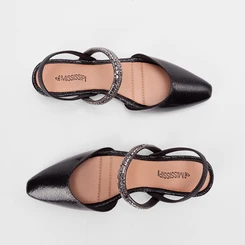 Sapatilha Slingback Salto Flat Baixo Mississipi Tira Em Strass Preto