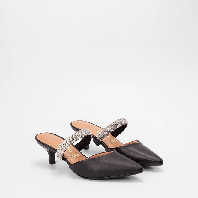 Mule Feminino Vizzano Salto Médio Fino Tira Strass Preto
