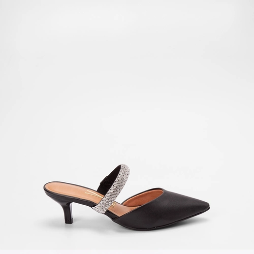 Mule Feminino Vizzano Salto Médio Fino Tira Strass Preto