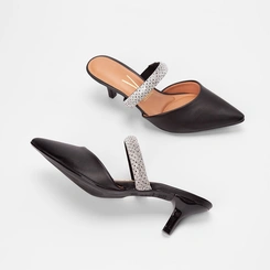 Mule Feminino Vizzano Salto Médio Fino Tira Strass Preto