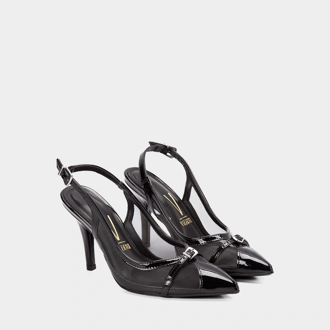 Scarpin Slingback Vizzano Salto Médio Fino Recortes Em Tela Verniz Preto