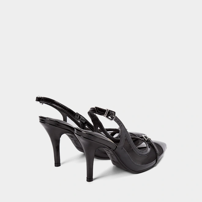 Scarpin Slingback Vizzano Salto Médio Fino Recortes Em Tela Verniz Preto