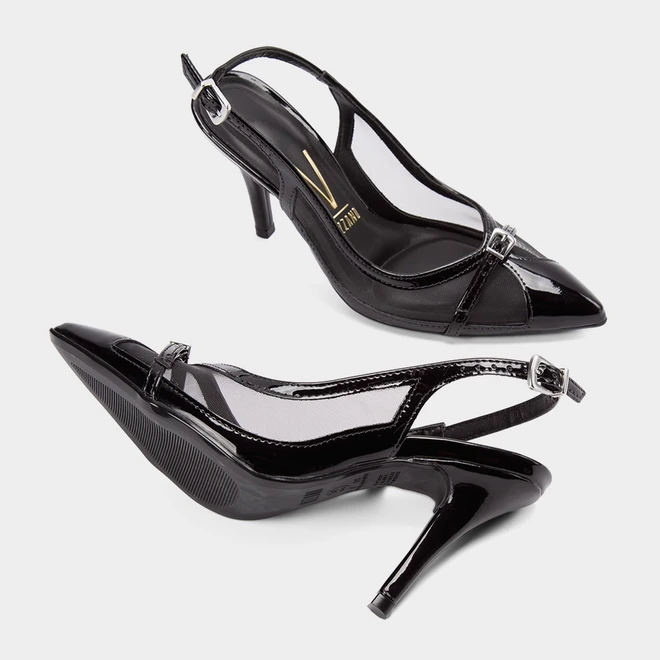 Scarpin Slingback Vizzano Salto Médio Fino Recortes Em Tela Verniz Preto