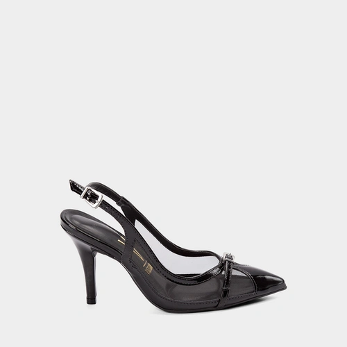 Scarpin Slingback Vizzano Salto Médio Fino Recortes Em Tela Verniz Preto