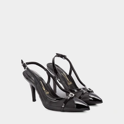 Scarpin Slingback Vizzano Salto Médio Fino Recortes Em Tela Verniz Preto