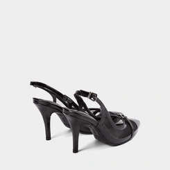 Scarpin Slingback Vizzano Salto Médio Fino Recortes Em Tela Verniz Preto