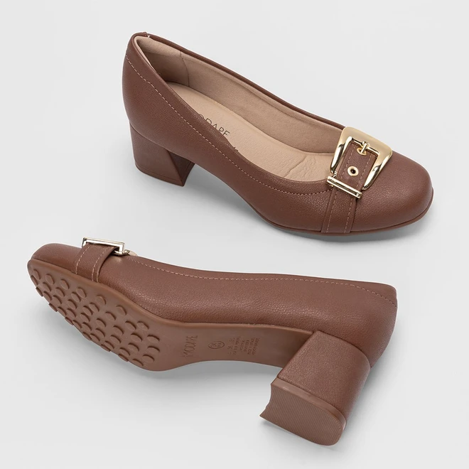 Scarpin Feminino Modare Ultraconforto Salto Bloco Médio Enfeite Fivela Marrom