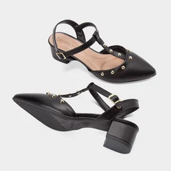 Scarpin Beira Rio Salto Bloco Tiras com Rebites Preto