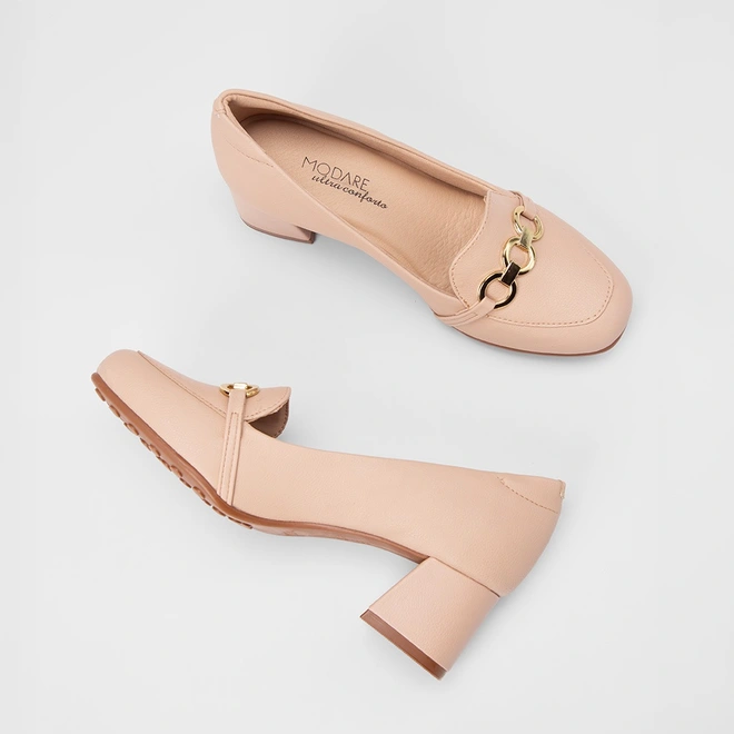 Scarpin Feminino Modare Ultraconforto Salto Bloco Detalhe Corrente Nude