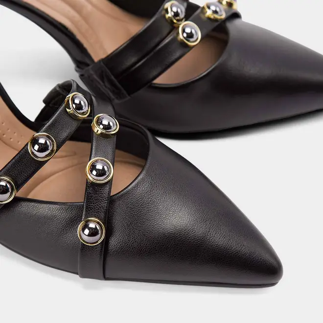Scarpin Slingback Beira Rio Salto Alto Fino Pedrarias Preto