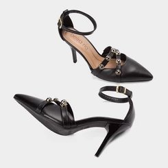 Scarpin Slingback Beira Rio Salto Alto Fino Pedrarias Preto