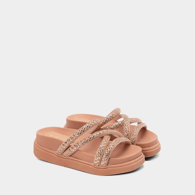 Tamanco Feminino Gabriela Plataforma Multitiras Strass Nude