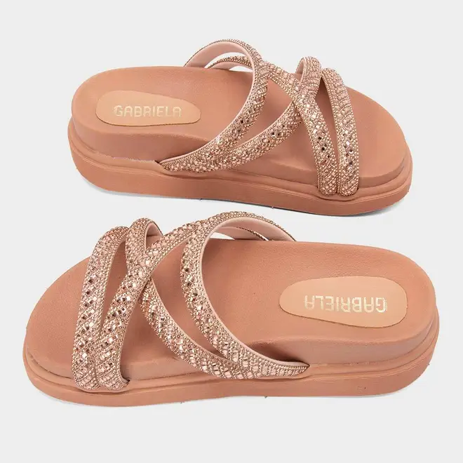 Tamanco Feminino Gabriela Plataforma Multitiras Strass Nude
