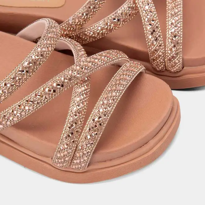 Tamanco Feminino Gabriela Plataforma Multitiras Strass Nude