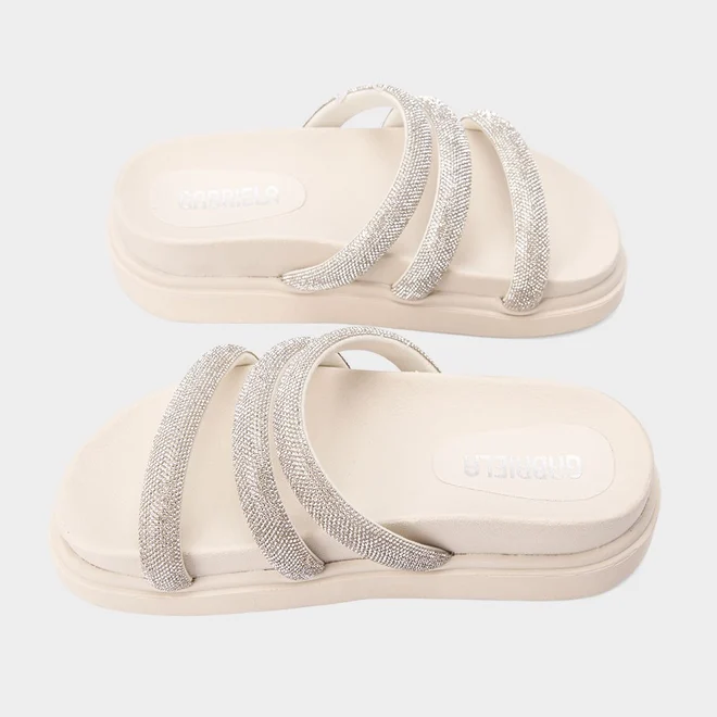 Tamanco Papete Feminino Gabriela Tiras Strass Off White