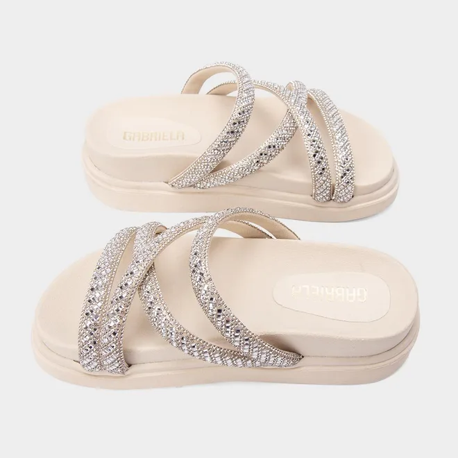 Tamanco Feminino Gabriela Plataforma Multitiras Strass Off White