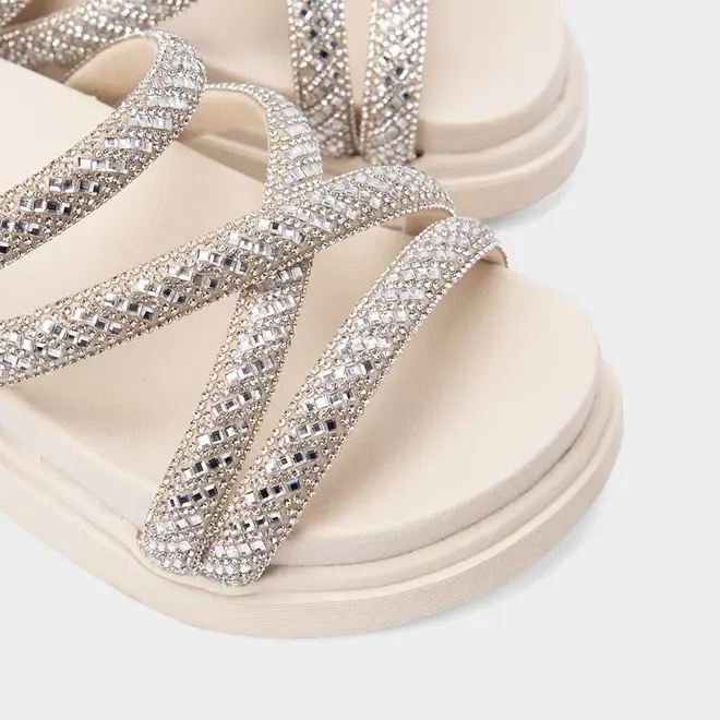 Tamanco Feminino Gabriela Plataforma Multitiras Strass Off White