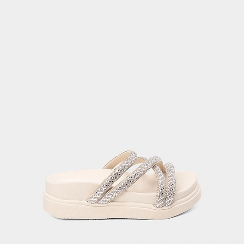 Tamanco Feminino Gabriela Plataforma Multitiras Strass Off White