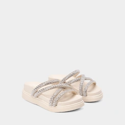 Tamanco Feminino Gabriela Plataforma Multitiras Strass Off White