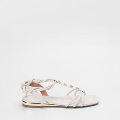 Sandália Feminina Gabriela Detalhe Metalizado Flor Amarração Off-White